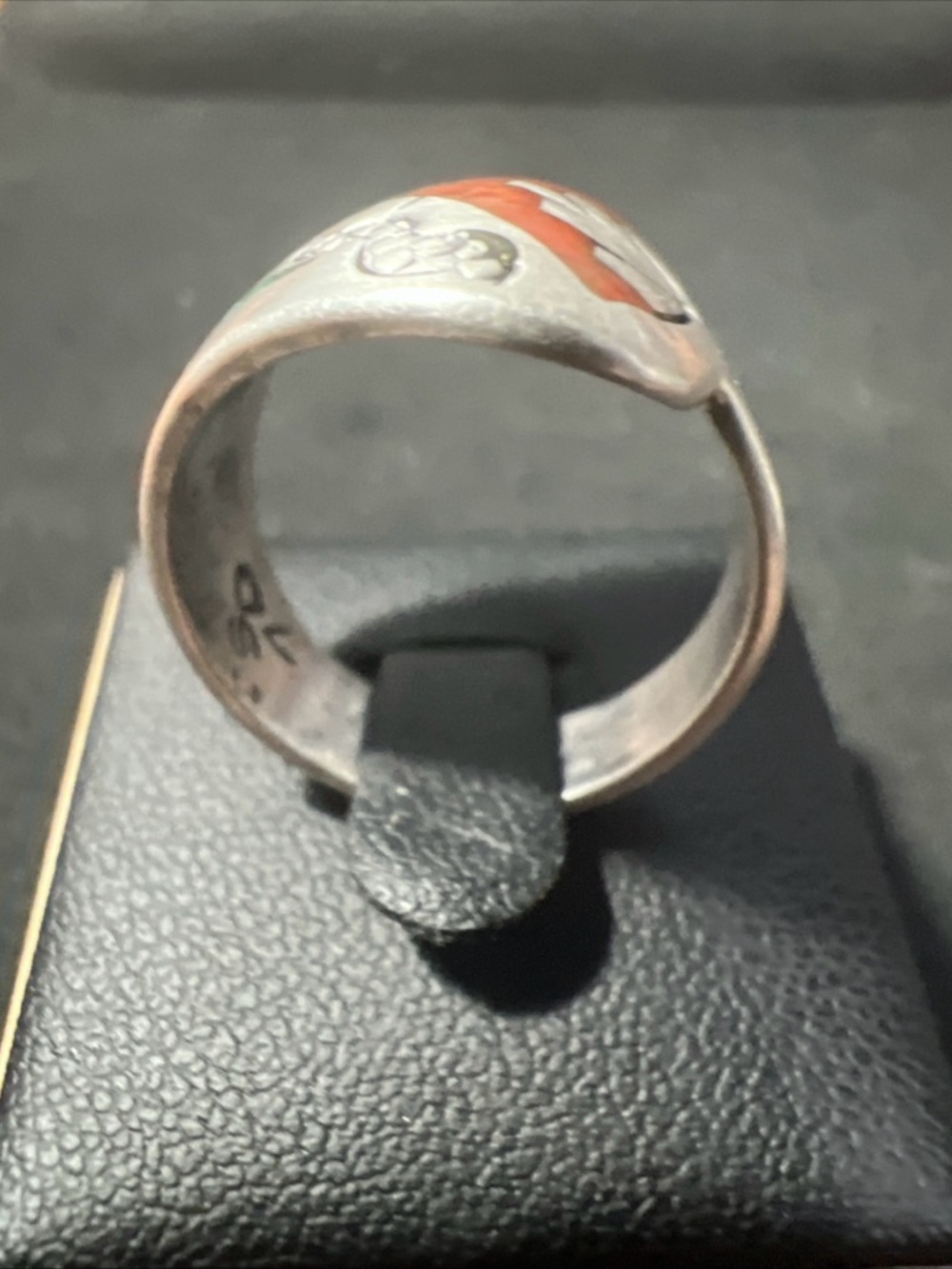 Vintage Navajo .925 Silver Turquoise & Coral Chip Inlay Ring Signed Size 9.75 - Picture 4 of 7